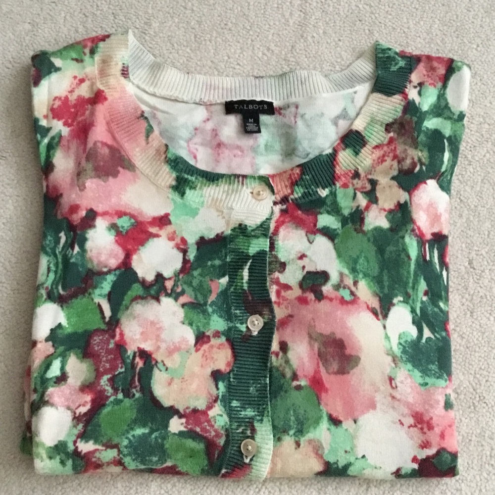 TALBOTS Floral Crewneck Cardigan in Green, Pink & Cream